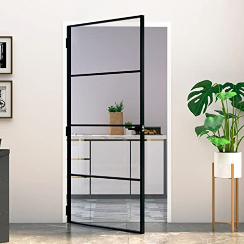 Festnight Puerta Interior de Aluminio y Vidrio ESG Puertas de Cristal Puerta Interior Corredera,y Tirador y Cerradura de Hierro, Sólido y Seguro,Negro y Transparente 102,5 x 201,5 cm