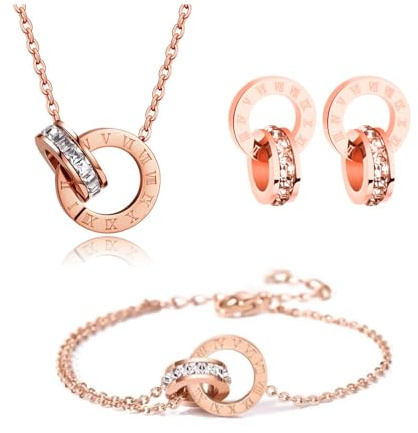 RPAEOY Parure Ensemble de Bijoux Femme Chiffres Romains Cercle Zircon Cubique Acier Inoxydable Plaqué Or 18K Argent Boucles d'oreilles Bracelet Collier Élégantes Mariage Soirée Cadeau (Or Rose)