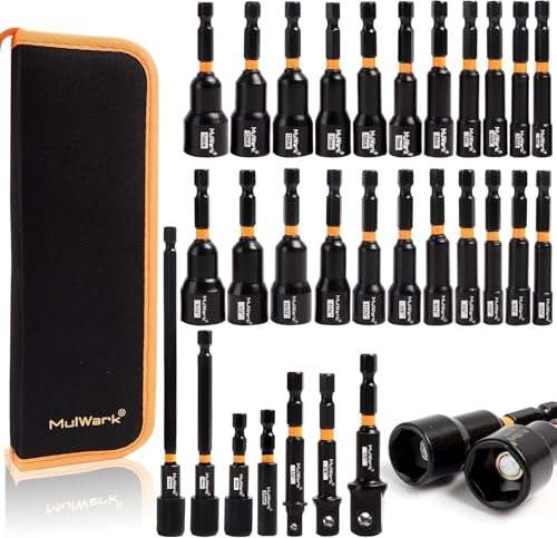 MulWark 29 Piece Magnetic Nut Driver Set, Impact drill socket adapter, SAE, and Metric Nut Driver Set Includes Magnetic Bit Holder, Quick Release Extension with Storage Bag – Christmas Gift