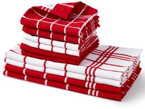 Encasa XO Geschirrtücher aus Baumwolle | Frottee-Handtuch-Set | Rote Kombination Hochsaugfähig | 30x30 cm und 40x60 cm | Vielseitig einsetzbar zum Geschirrspülen und Reinigen