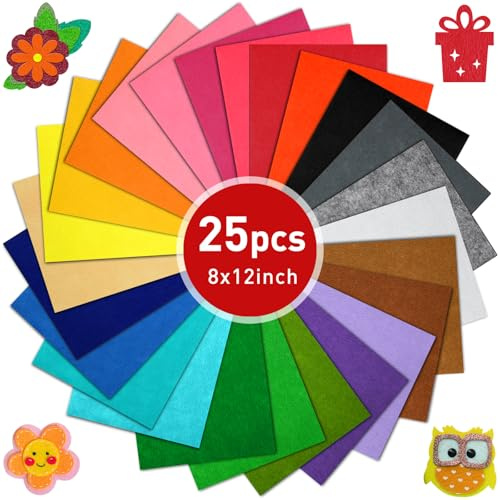 CHRORINE 25 fogli di tessuto in feltro di colori assortiti, 20,3 x 30,5 cm, in morbido feltro, per artigianato fai da te, cucito, patchwork in tessuto non tessuto (25 colori)