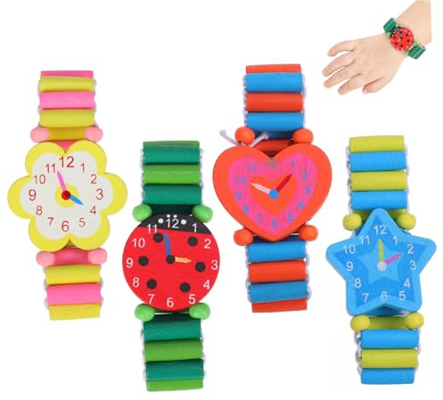JEWEDECO 4 pulseras para niños, juguete de madera, reloj de pulsera para niños, juguete educativo para niños pequeños, reloj de pulsera de madera, reloj de pulsera de bambú, varios colores,
