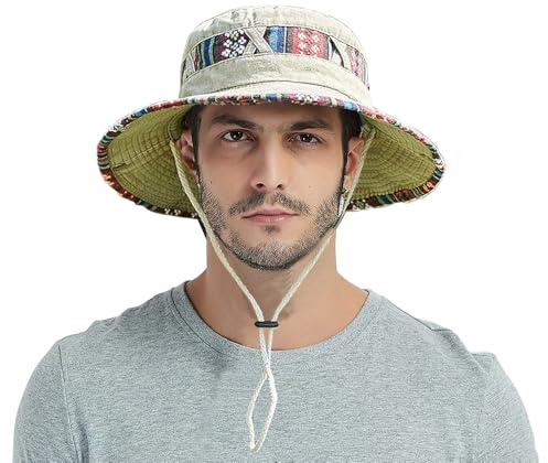 Casenly Solhatt för män, fiskehattar UV-skydd bomull vikbar, utomhus safari-hatt, sommarhatt med hakband, snabbtorkande andningsbar buckethatt, vandringshatt trädgårdshatt resor strand unisex, Beige,