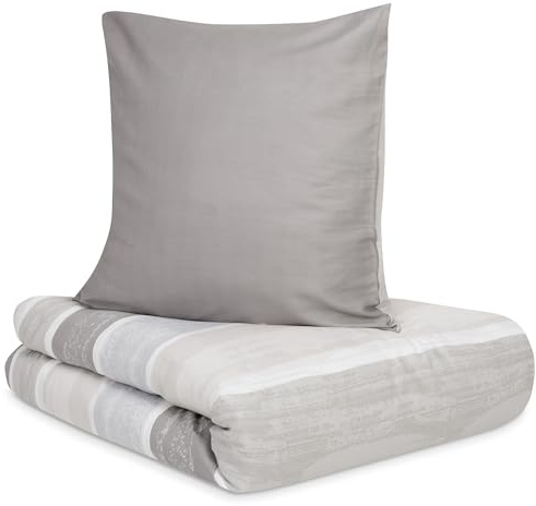 s.Oliver Bettwäsche 155x220 cm - 100% Baumwolle, Reißverschluss, anschmiegsam, weich & waschbar, Mako Satinbettwäsche beige grau Blockstreifen