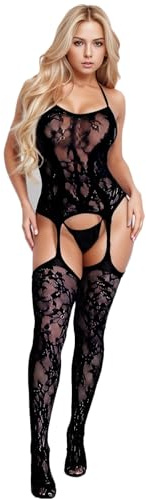 Womens Fishnet Stockings One Piece Suspenders Sexy Halter Lingerie Jacquard Full Body Elastic Babydolls Mesh Hollow Out Sheer Tights Sleeveless Jumpsuit Net Bodysuit with Garter (black, One Size)