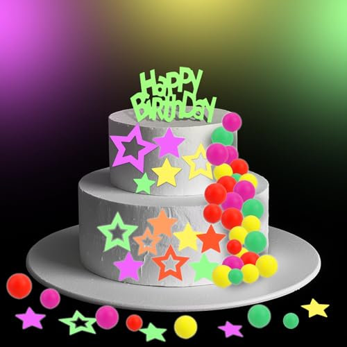 BOXOB 71pz Decorazioni per Torte Fluorescenti, Toppers Cupcake Happy Birthday a Forma di Stella Neon per Feste di Compleanno e Matrimoni con Reattività Alla Luce Nera