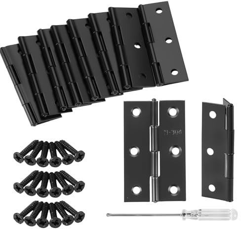 Anstore Bisagras plegables negras 66 x 42 x 1 mm, 10 unidades de acero inoxidable con bisagra para piano, para puertas, ventanas, armarios con 60 tornillos de 5 x 15 mm y atornillador de 118 mm