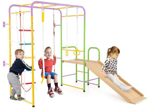 COSTWAY Klettergerüst Indoor, 8 in 1 Kletterwand & Affenstangen & Leiter & Seil & Turnring & Schaukel & Rutsche & Kletterer, Kinder Spielplatz Metall, für Kinder ab 3 Jahre