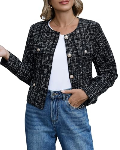 YEXPINE Cropped Tweed Blazer Jackets for Women Elegant Slim Collarless Business Casual Outfits, Black Plaid, M