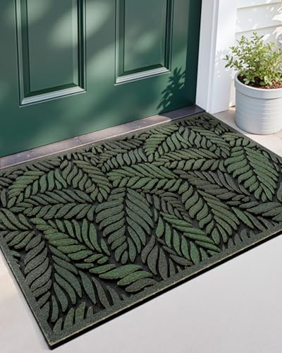 DEXI Front Door Mat Outside Entrance 24x36, Rubber Entry Doormat Heavy Duty Non Slip, Welcome Entryway Mats Dirt Trapping for Exterior Patio Garage, Green Leaves