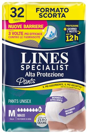 Lines Specialist Pants Maxi Unisex, Mutande Assorbenti per Incontinenza Donna e Uomo, Alta Protezione fino a 12h, Taglia M, Scorta Mensile, 4 Confezioni da 8 Unità