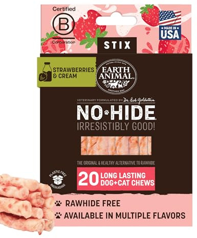 Earth Animal No-Hide Stix Strawberries & Cream Vegetarian Recipe Natural Rawhide Alternative Dog & Cat Chews, 20 Pack Value Pack