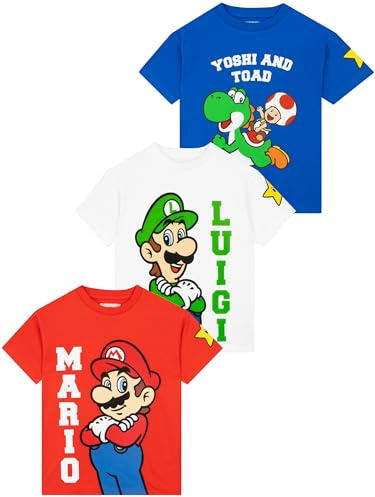 Super Mario T Shirt 3 Pack, Mario, Luigi and Yoshi Boys Tshirt, Gamer Summer Tops, Cotton Boys' T-Shirts, Age 10-11 Years Multicolor