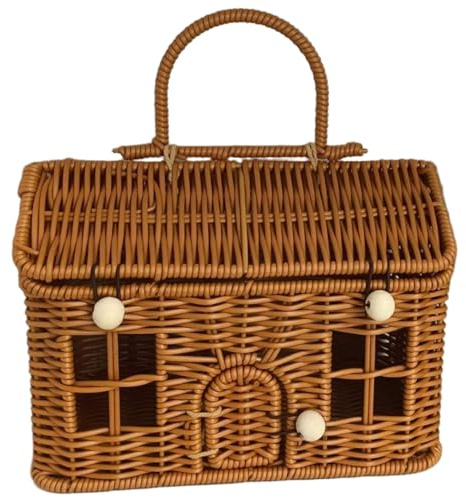 Panier de jardin en osier, panier de récolte jardin, pique-nique en rotin PP en forme maison 9x6x5, 5 pouces avec couvercle et poignée, valise en osier à fermeture à bouton pour l'organisatio