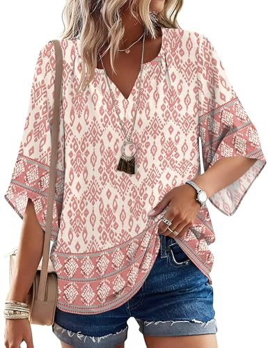 iWoo Womens 3/4 Sleeve V Neck Tunic Blouse Loose Fit Summer Tops | Lightweight Breathable Fabric, Soft Comfortable Feel