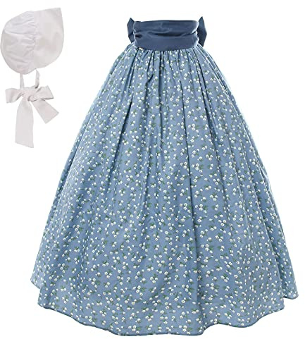 NSPSTT Women Pioneer Colonial Skirt Girls Peasant Prairie Skirt Civil War Trek Floral Costume, Blue