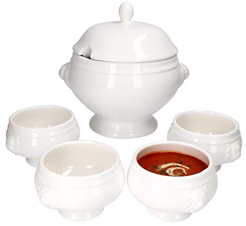 MamboCat Leo Löwenkopf Suppenterrine Suppentassen Set 5tlg I 1x Suppenschale mit Deckel 3 L + 4x kleine Suppentassen 0,45 L I Königliches Set Suppenschüssel Löwenkopf-Terrine aus Steingut weiß