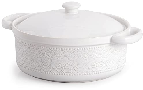 FUN ELEMENTS Casserole Dish, 2 Quart Lace Emboss Dish with Lid, Oven to Table Ceramic Round Serving Handles for Dinner and Party, Thanksgiving Christmas Gifts(Bright White)