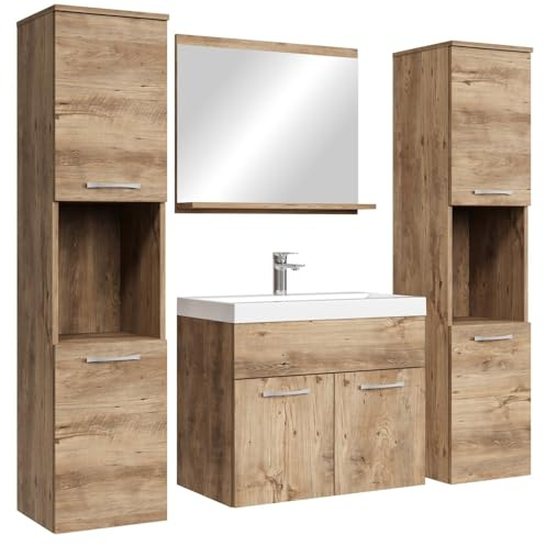 Badplaats badrumsmöbler komplett set Montreal XL 60 x 35 cm kastanjeek – badrumsmöbler med handfat, spegel och 2 badrumsskåp