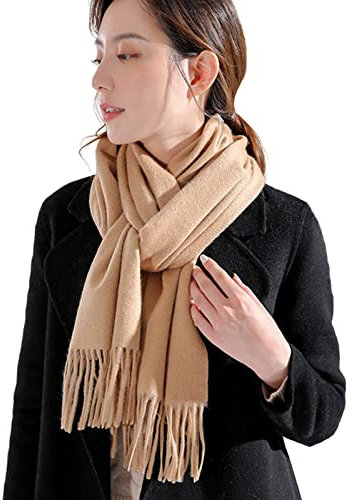OVLAJ Kashmirhalsduk kashmir vinterhalsdukar för kvinnor solida tofsar pashmina sjalar-kamel, 170 x 35 cm