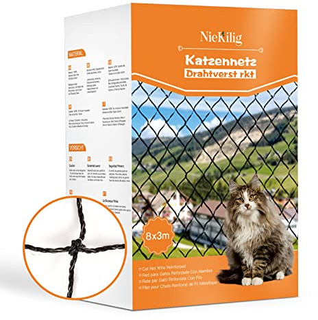 NieKilig Red para Gatos Reforzada con Alambre, 8x3m Red Protección para Gatos Terraza de sin Taladro para Balcones, Ventanas, Tragaluces y Puertas