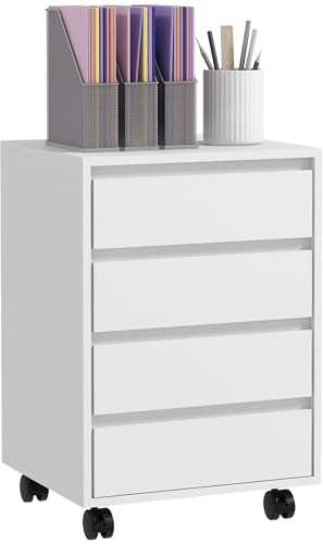 HOMCOM Caisson de Bureau, Rangement Bureau sur Roulettes, 4 Tiroirs Coulissants en Bois, Blanc