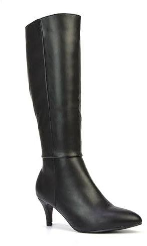 ESSEX GLAM Womens Knee High Boots Ladies Stiletto Low Mid Heels Pointed Toe Classic Pointed Black Synthetic Leather Shoes Size 3