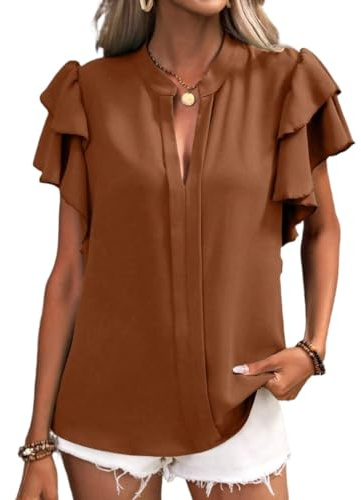 Donna Collo A V Manica con Volant A Doppio Strato Estate Superiore Tinta Unita Sciolto Casuale Camicia Elegante Ufficio Blusa (Color : Caramel, Size : XL)