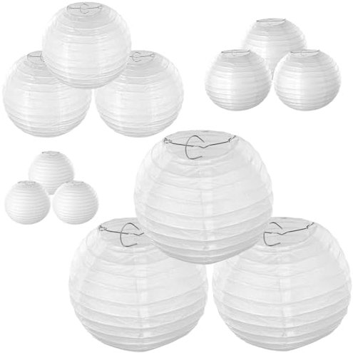 QWORK® 12 Pieces White Round Paper Lanterns, 6 8 10 12, for Parties,Festival Celebration and Events