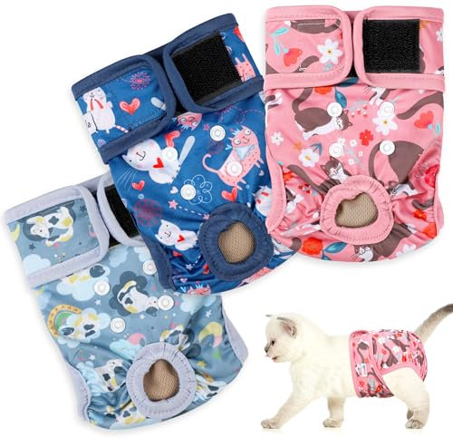 Reusable Cat Diapers 3 Pack With Good Absorbency for Small Female & Male Kittens - Easy to Put On, Adorable, Secure Fit (L)