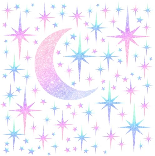 Retro Star Wall Decals Sparkle Wall Decals Peel and Stick Rainbow Star Moon Wall Stickers Starburst Wall Decor for Kids Room Colorful Stars Art Murals Wallpaper for Ceiling Baby Bedroom Nursery Decor
