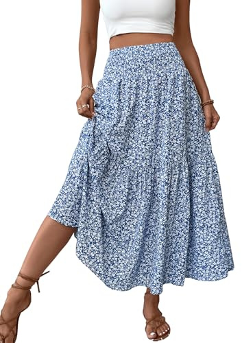 TuoGo Falda larga de cintura alta fruncida para mujer, estilo bohemio, con bolsillos