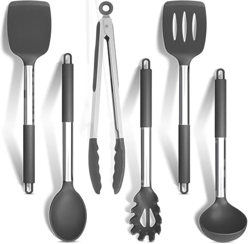Kitchen Utensils Set, Premium Quality 6-Piece Silicone Cooking Utensil Set, Heat Resistant Stainless Steel Handle Cooking Tools, Food Grade Silicone| Kitchen Gadgets and Tools (6PC) ﻿ (Grey)