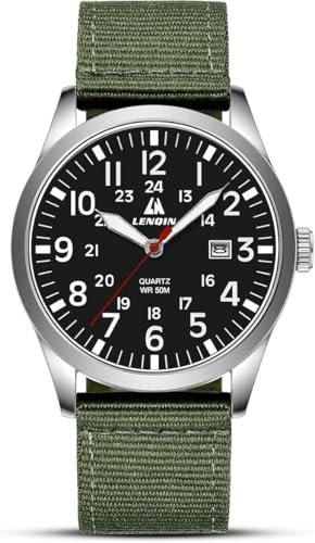 LN LENQIN Mens Watches Military Watch Field Watch Analog Quartz Watches for Men Luminous Army Tactical Outdoor Sports Waterproof Men's Wrist Watches with Date and Nylon Strap (Green Silver Black)