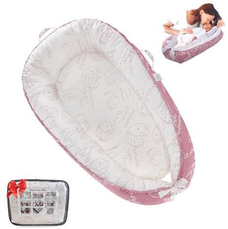 Loevin Baby Lounger for Newborn (0-24 Months) - 100% Cotton Baby Nest with Handles, 2-in-1 Play Mat & Diaper Changing Pad, Portable for Home & Travel, Infant Essentials Gifts (Elephant Pink)