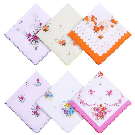 Xthrotsenk 6 Stück Baumwolle Taschentücher Vintage Blumen Taschentücher Bedruckte Ausgefallene Taschentücher Weiche Damen Taschentücher Blumen Bestickte Taschentücher für Hochzeitsfeier