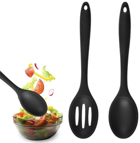 OHREN 2 Pezzi Cucchiai in Silicone, Antiaderenti Cucchiaio da Mescolare e Servire per Cucina, Cottura, Forno, Mescolamento (Manico 27cm) (Nero)