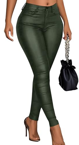 Benfoly Leather Pants for Women High Waisted Skinny Tummy Control Thick Thermal Lined Stretch Sexy Push Up Pleather Leggings Army Green