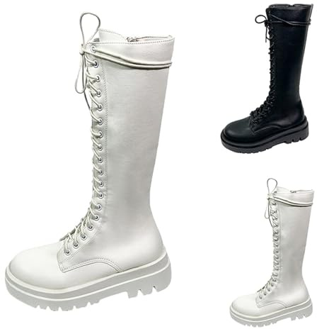 Women's Knee-High Boots, Ladies Comfortable Chunky Block Heel Tie Up Round Toe Pull On Lace Up with Side Zipper Riding Shoes Durable Fashion Motorcycle Work Combat Boots Size 4 White