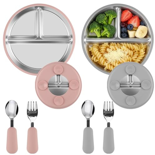 Foydream 2 Set Pappa Svezzamento,Posate Bambini con 2 Cucchiai e Forchette Acciaio Inossidabile 304 con Ventosa Piatti Divisi per Alimentazione Autonoma