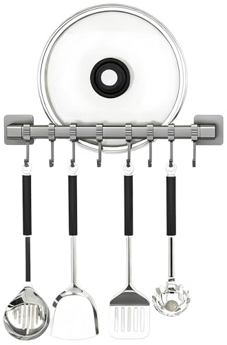 Support à ustensiles Mural de 40 cm avec 8 crochets mobiles,Barre à crochets de cuisine,Rail de Crochet de Cuisine sans perçage pour accrocher des casseroles, Poêles,Porte Ustensiles Cuisine