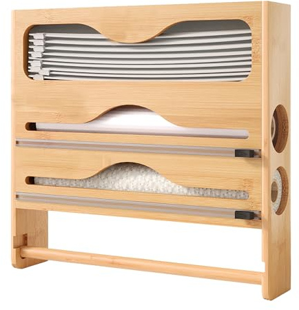 Relaxdays 4-in-1 Wall Roll Holder: Kitchen Roll, Cling Film, Alu Foil & Freezer Bags, Bamboo, HWD:33x34.5x7cm, Natural