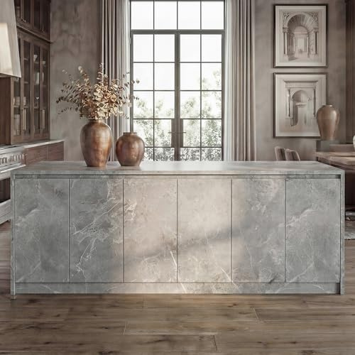 Homsee 94.5 Large Kitchen Island with 6-Door, Grey with Marble Veneer