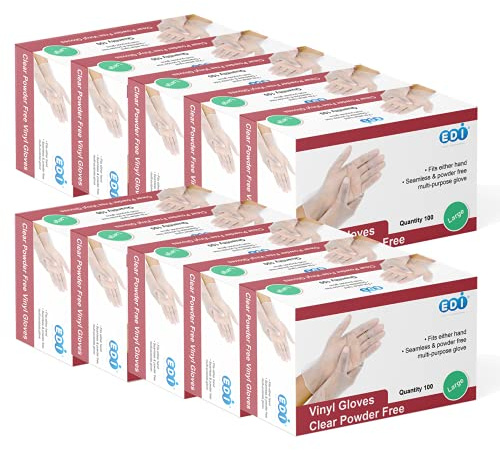 EDI Clear Powder Free Vinyl Glove,4.3 mil,Disposable glove,Industrial Glove,Clear, Latex Free and Allergy Free, Plastic, Work, Food Service, Cleaning,100 gloves per box (1000, large)