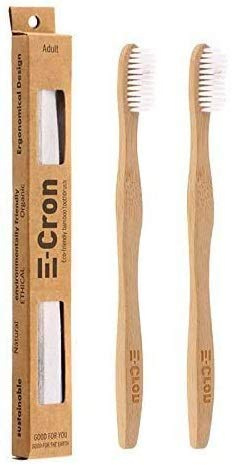 2 x Cepillo de dientes de bambú E-Cron con un ergonomico mango respetuoso con el medio ambiente (Blanco), 100% ecológico y biodegradable.