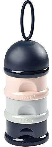 BÉABA Recipiente dosificador de leche en polvo, Dispensador de Leche Bebé, Apilable, 3 Compartimentos, 100% Hermética, Uso evolutivo como caja de snacks, Azul/Gris/Rosa