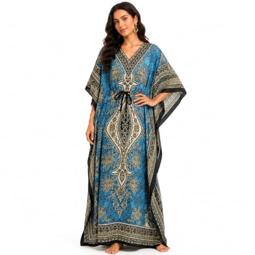 Art Of Creation Women's Kaftan Dress Maxi Night Gown Beachwear Cover Up Long Top Plus Size Kimono Tunic Color-Teal Blue
