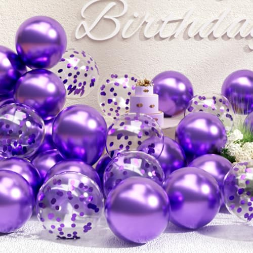 Suwen Métallique Violet Ballons et Confettis Ballons Lot de 47PCS 10 Pouce Latex Baudruche Hélium Chrome Violet Métallisé Ballon Gonflable pour Décorations de Fête Anniversaire Mariage
