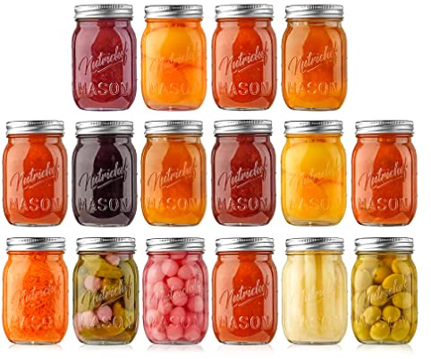 Nutrichef 16 Barattoli Vetro con Coperchio 473 ml, Contenitore Miele, per Marmellata, Candele e Conserve, Vetro Spesso con Coperchio in Acciaio Inox