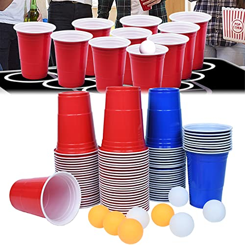 AufuN [100+10 Premium Beer Pong Becher, Beerpong Partybecher, 50 Red Cups + 50 Blue Cups+10 Tischtennisbälle, Wiederholbare Trinkbecher Camping Cocktail Bier Weihnachten Geburtstag Hochzeit